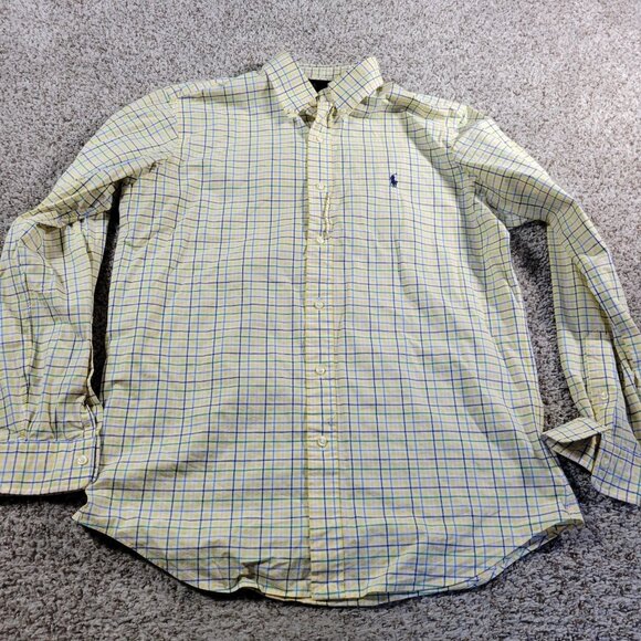 Polo Ralph Lauren Shirt Mens Medium 15.5 Yellow Blue Check Button Down Classic - Picture 2 of 7